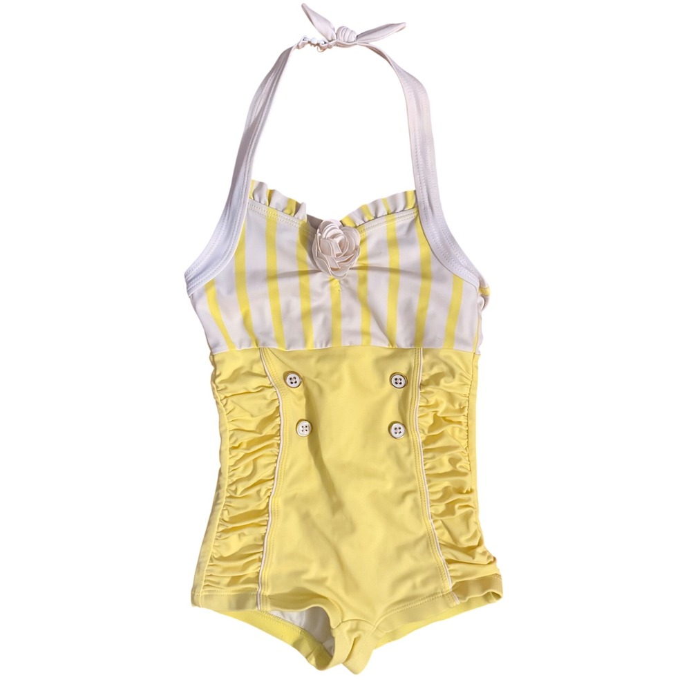 Janie and Jack Girls Yellow White Striped Sailor One Piece Swimsuit Size 5 Retro